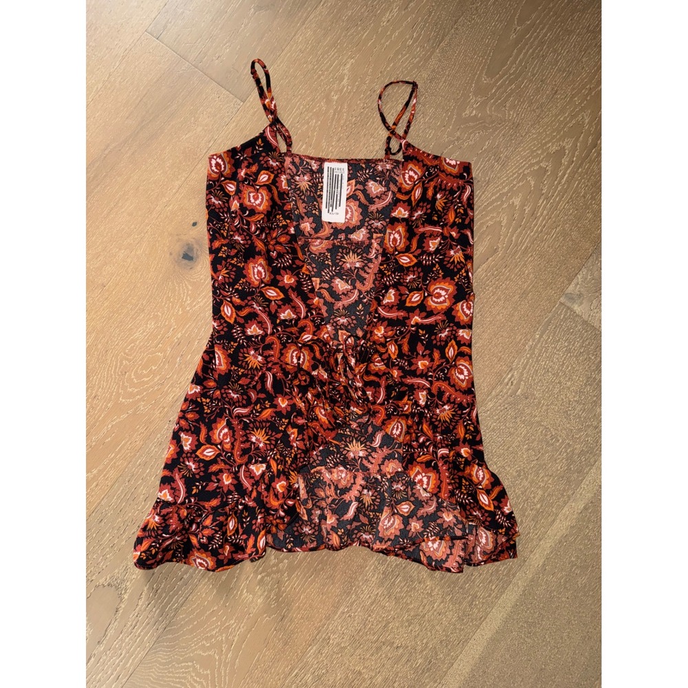 Free People Floral Wrap Mini Dress XS Orange Rust Paisley Ruffle Boho Festival